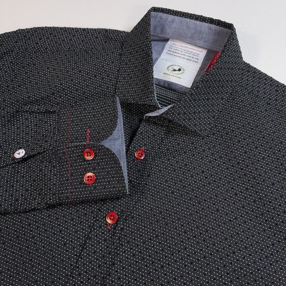 A Fish Named Fred Shirt Men's L Black Dot Texture Stripe Stitch Cotton Button Up